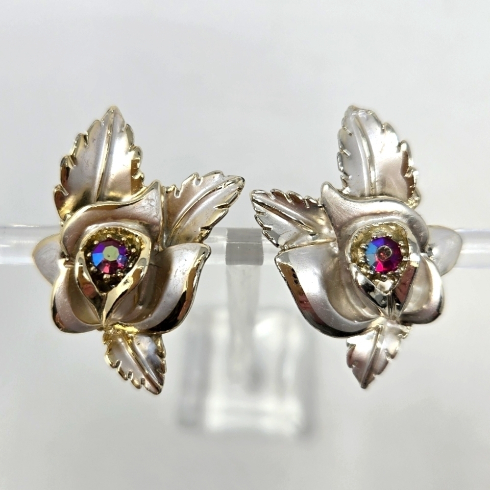 VINTAGE FLORENZA SILVER AB RED CRYSYAL FLOWER EARRINGS CLIP ON FASHION JEWELRY